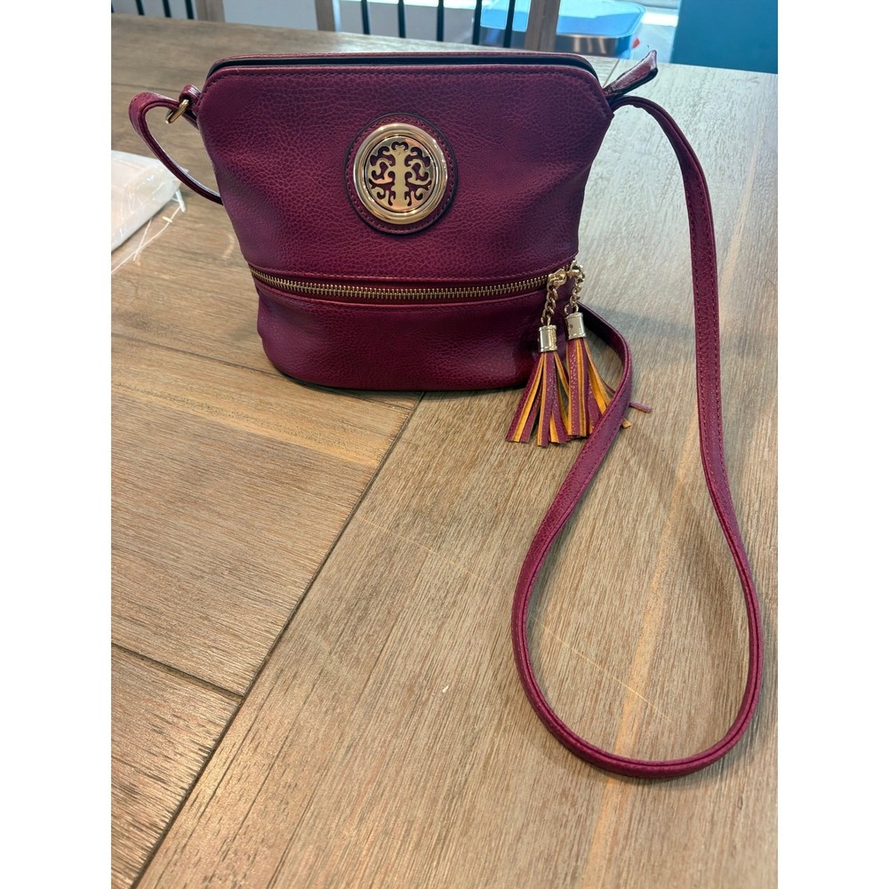 Chic Plum Faux Leather Crossbody Bag Tree Emblem Tassel‎ Accent